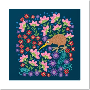 OKARITO KIWI BIRD New Zealand Cute Flightless Birdy Wildlife Nature Comeback Species with Bug and Flowers in Bright Multi-Colours - UnBlink Studio by Jackie Tahara Posters and Art